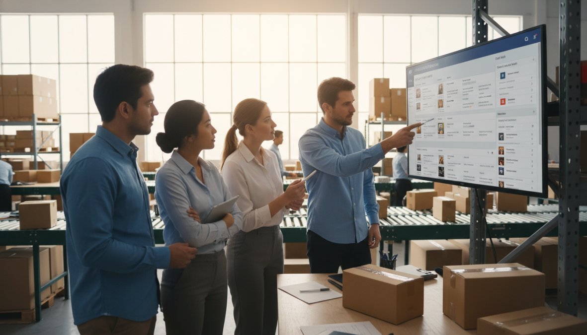 A small business team of three people gathered around a large monitor showing a product catalog management interface, pointing at the screen and discussing inventory strategy in a modern warehouse with metal shelving and warm overhead lighting