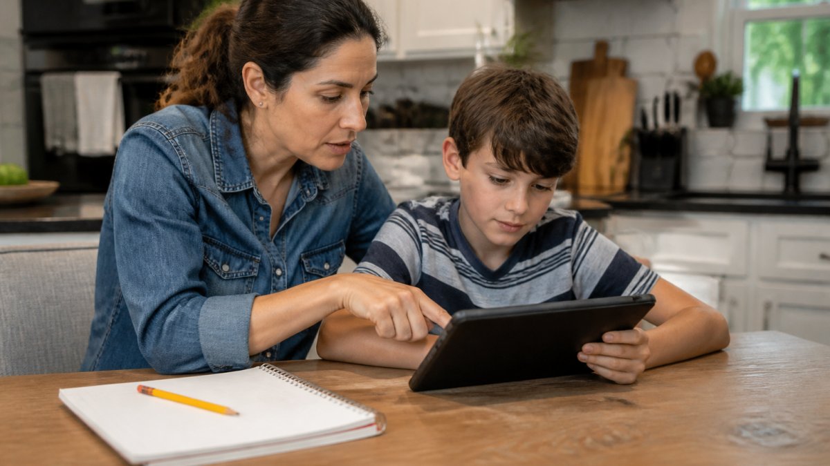 Parent and child solving a coding puzzle on a tablet to illustrate productive screen time through educational play.