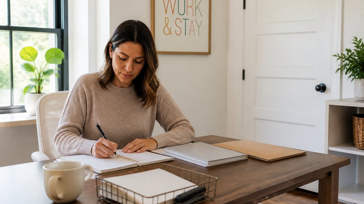 Parent working at a bright, organized desk in a home office with a closed door, minimal visible toys or distractions in the background, natural window lighting