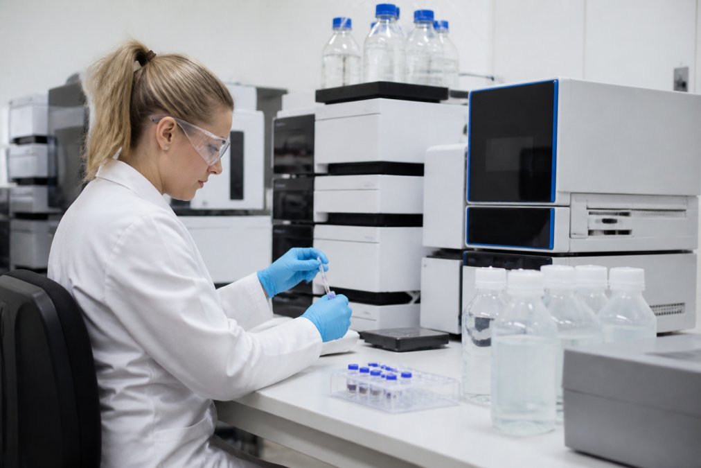 Onderzoeker in schoon laboratorium die peptidesamples voorbereidt voor HPLC-analyse, met precisie-instrumenten, gelabelde containers en monitorschermen op een werkbank in wit licht
