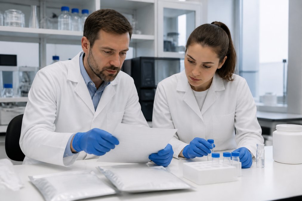 Twee wetenschappers die samen aan een laboratoriumtafel werken, batchcertificaten en productspecificaties controleren terwijl ze onderzoeksmateriaal organiseren in heldere kantoorlighting