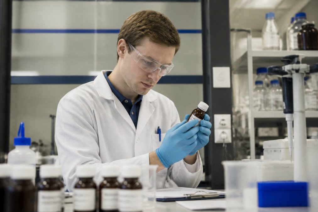 Laboratoriumtechnicus werkend met peptideflessen en testapparatuur in een moderne onderzoeksomgeving, waarbij de onderzoeker nauwkeurig batchnummers en certificaten controleert tegen een digitaal systeem