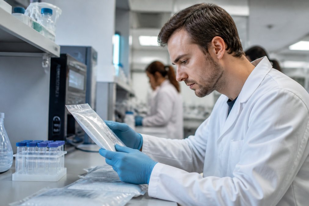 Close-up van HPLC-certificaten en batchnummers op peptidepakketjes in een professioneel laboratorium, met een onderzoeker die de documentatie zorgvuldig controleert tegen een digitaal verificatiesysteem