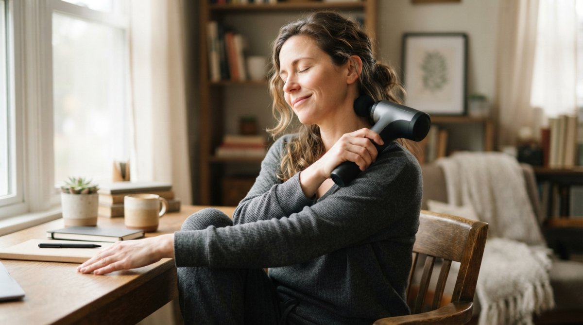 Femme en tenue décontractée utilisant un masseur électrique sur ses épaules et sa nuque, assise à son bureau avec un sourire apaisé, lumière naturelle douce en arrière-plan