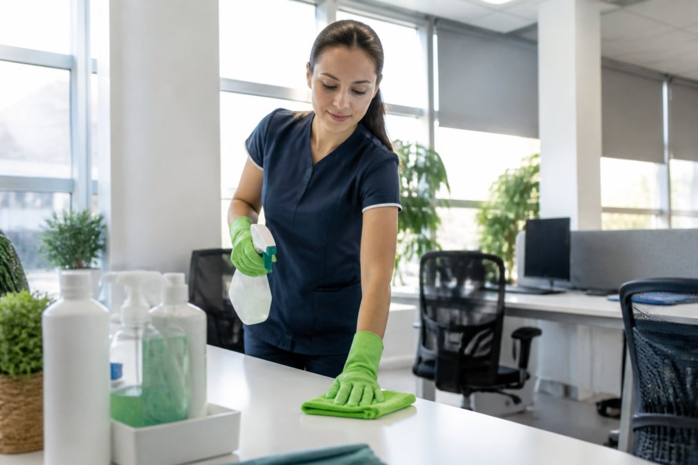Une professionnelle de l'entretien en uniforme vaporise un désinfectant écologique sur une surface de bureau dans un espace de travail lumineux et moderne, avec des produits certifiés visibles au premier plan