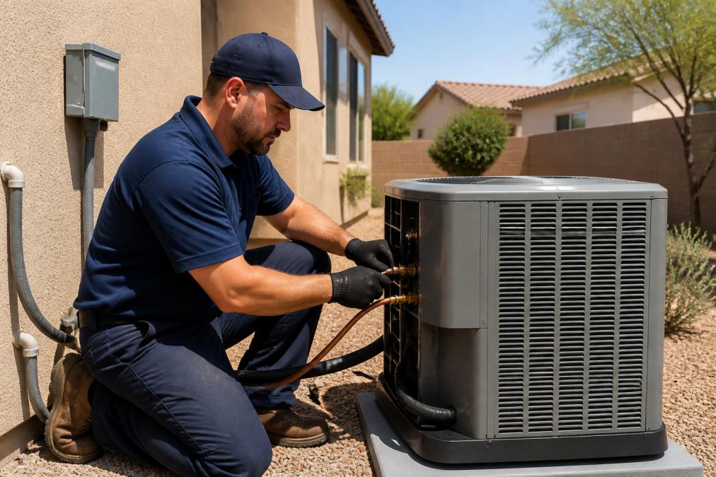 NATE-certified HVAC technician in a branded uniform connecting refrigerant lines to a new condenser unit outside a single-story residential home on a bright, sunny afternoon