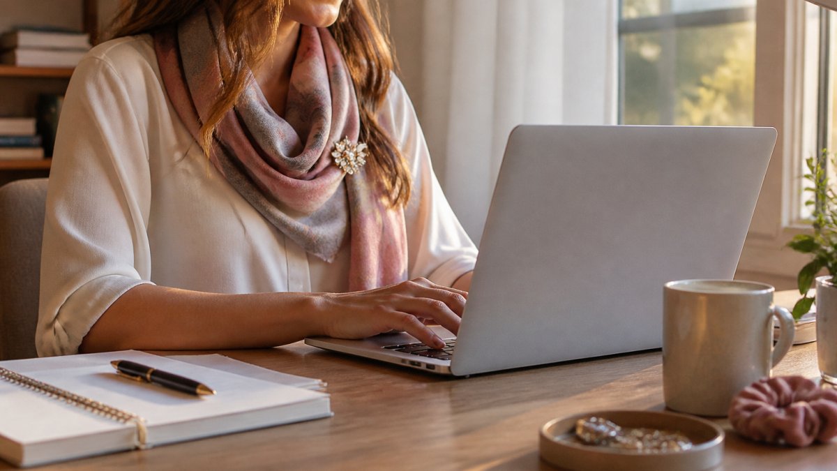 A woman sitting at a tidy home office desk wearing a soft blouse, a draped scarf, and a delicate brooch, with a laptop open in front of her and natural light coming through a window