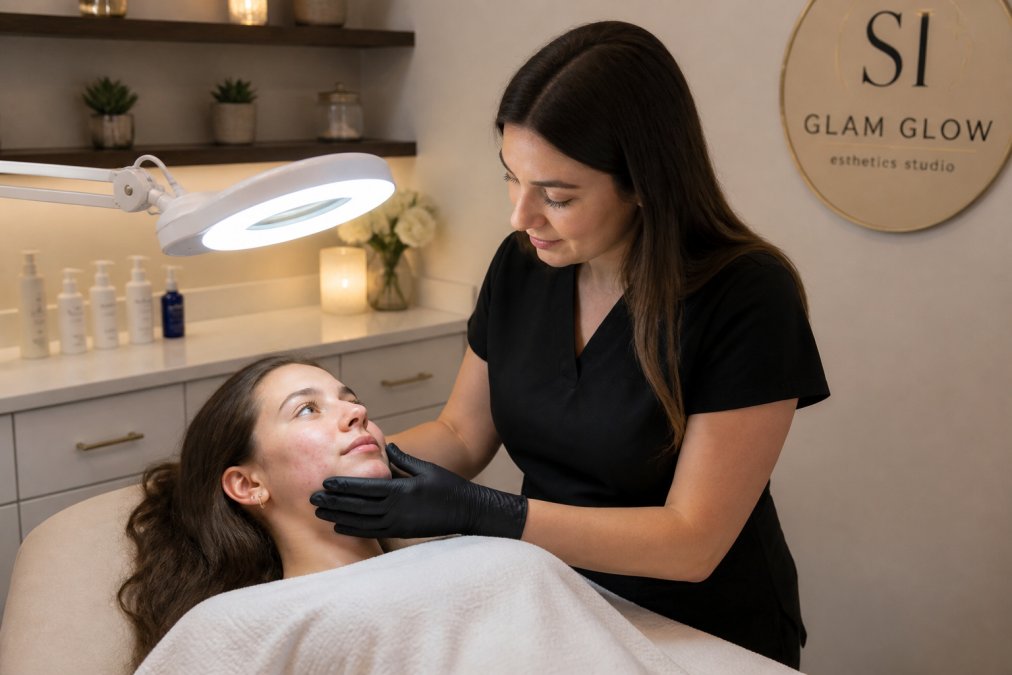 A licensed esthetician in a clean, softly lit treatment room gently examining a teenage client's skin with a magnifying lamp, both relaxed and calm