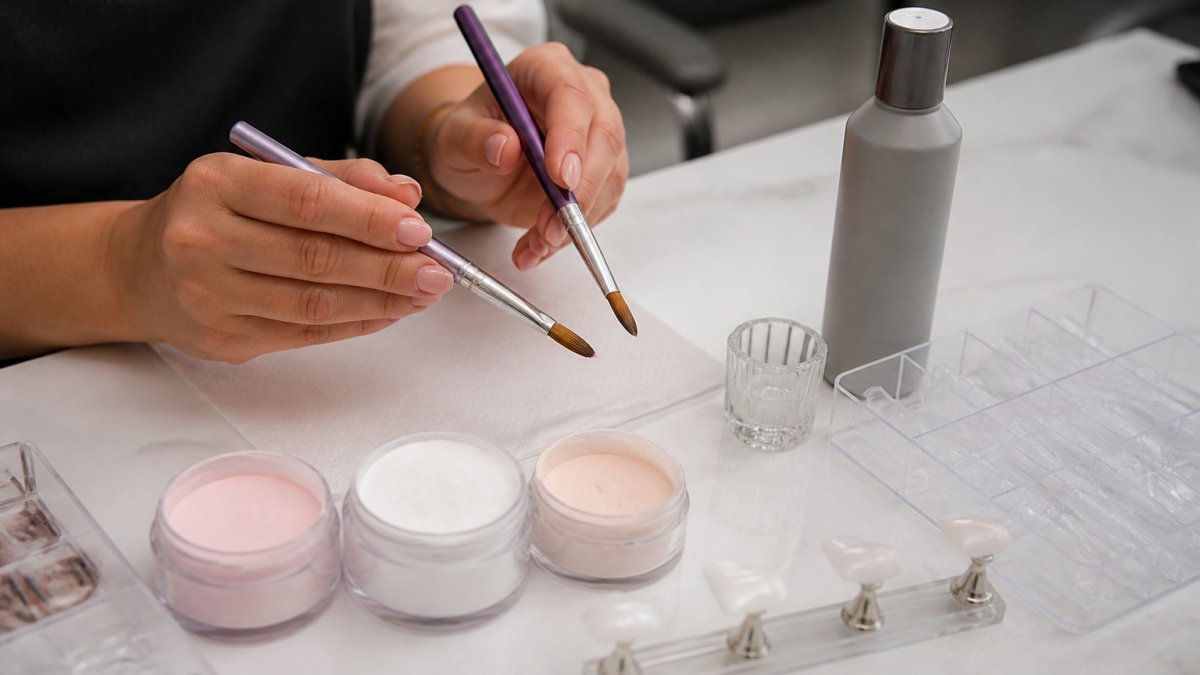 Professional nail technician's hands holding premium acrylic brushes over a nail station with powder containers and monomer liquid visible in soft studio lighting