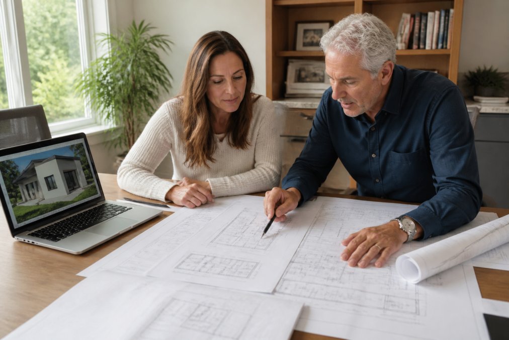 Homeowner and engineer reviewing a detailed adu floor plan and 3D building renderings in a home office
