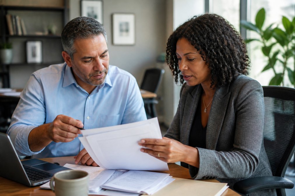 Business owner and tax professional reviewing documents for IRS audits at a desk