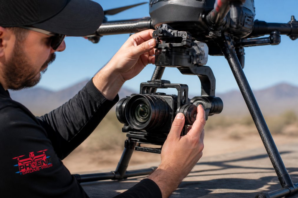 Drone operator adjusting professional camera gimbal mounted on aircraft, fingers positioned on focus wheel and exposure controls, LCD screen displaying live video feed in bright daylight