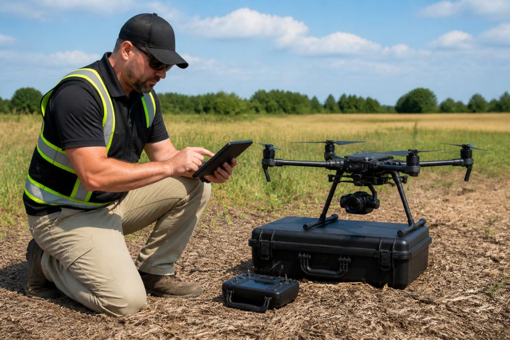A certified drone pilot conducting a pre-flight inspection of a professional drone with gimbal stabilization equipment, checking weather conditions and flight path on a tablet before takeoff in an open field with clear skies