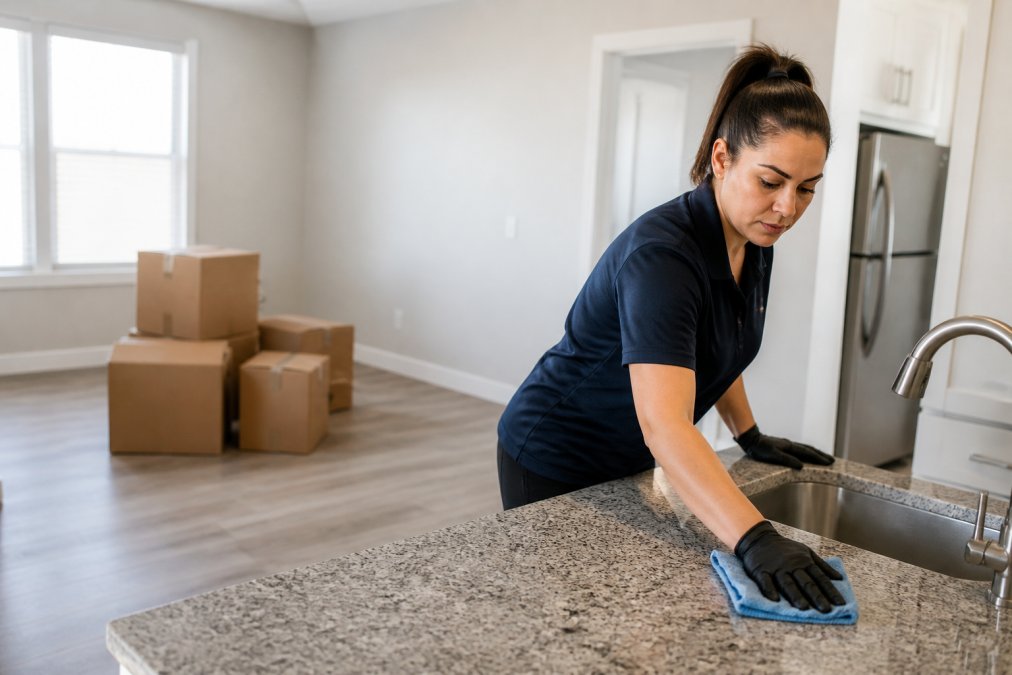 A professional cleaner in uniform wiping down kitchen countertops in a bright, empty apartment with moving boxes stacked in the background