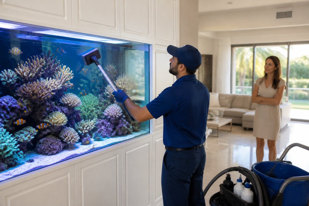 A professional aquarium technician in a blue uniform cleaning the glass of a large, vibrant saltwater reef tank with a long-handled scraper, while a homeowner watches from across a bright living room