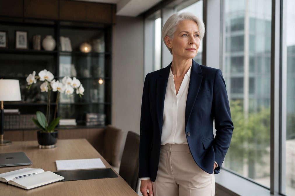 Confident woman in her 50s wearing a tailored navy blazer and neutral trousers in a sunlit modern office.