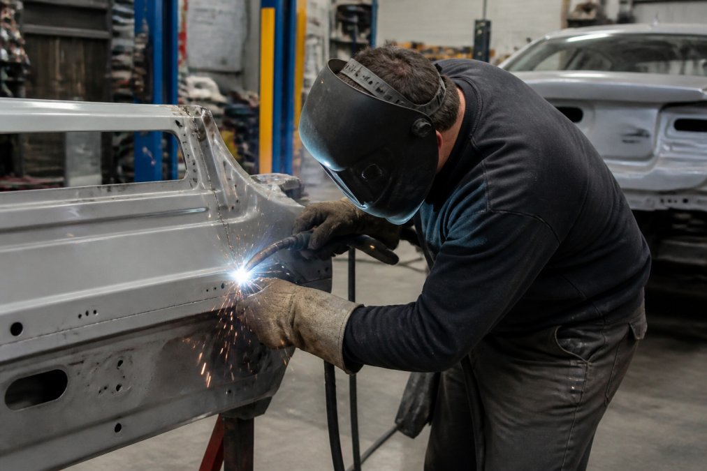 A professional auto body technician in a full welding helmet and leather gloves operating a MIG welder on a car door panel inside a well-lit collision repair shop, with sparks visible and a clean workshop environment in the background