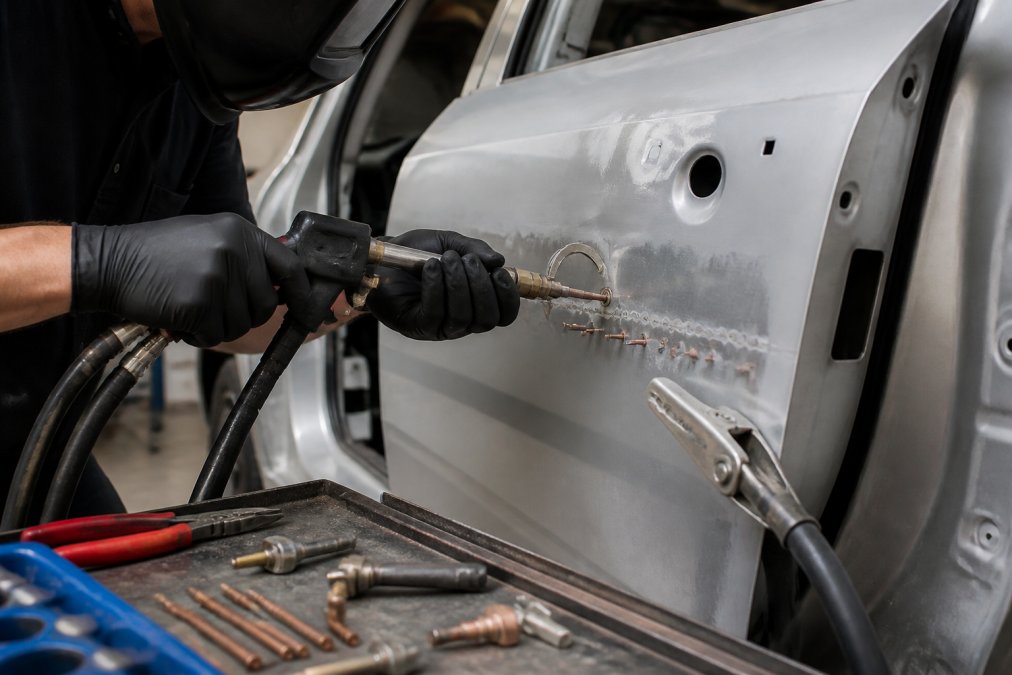 Close-up of a technician using a stud welder on an aluminum vehicle door panel, with an organized repair station showing stud welding gun, ground leads, and aluminum-specific tools visible in the background under bright shop lighting