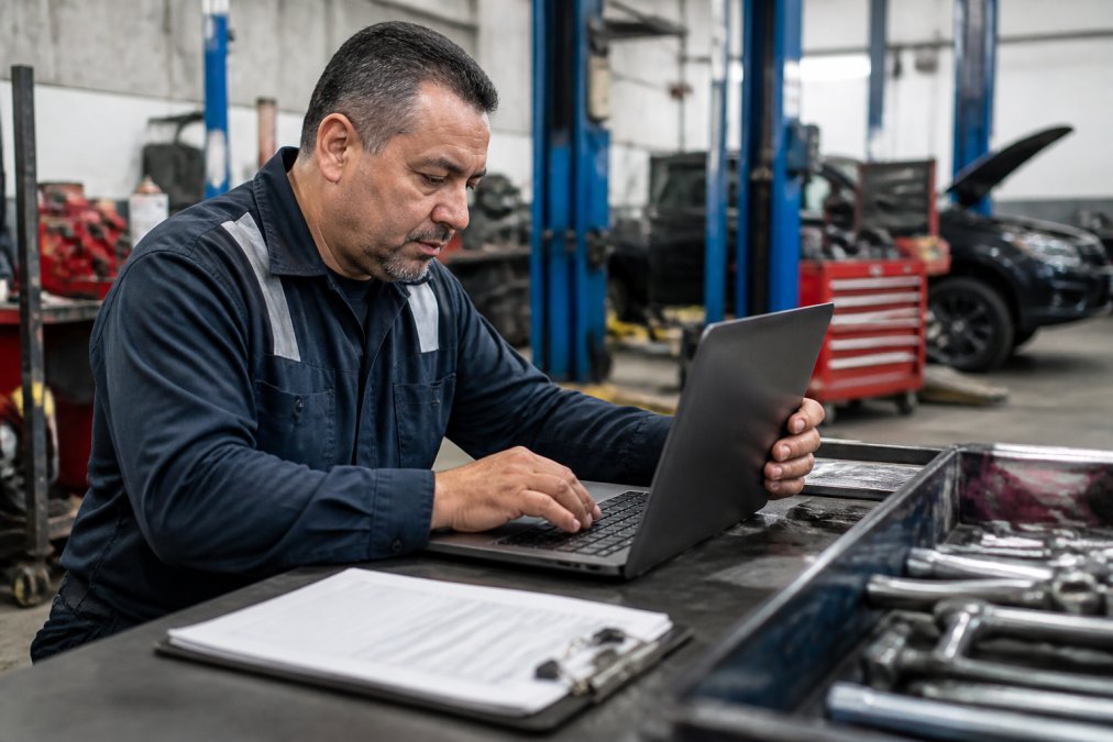 ASE-certified mechanic using a laptop to pull up vehicle diagnostics and repair estimates in a bright, organized shop with tools visible in the background