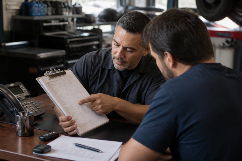 Close-up of a technician's hands pointing to a printed repair estimate form on a clipboard, with a customer looking over their shoulder in a professional shop office