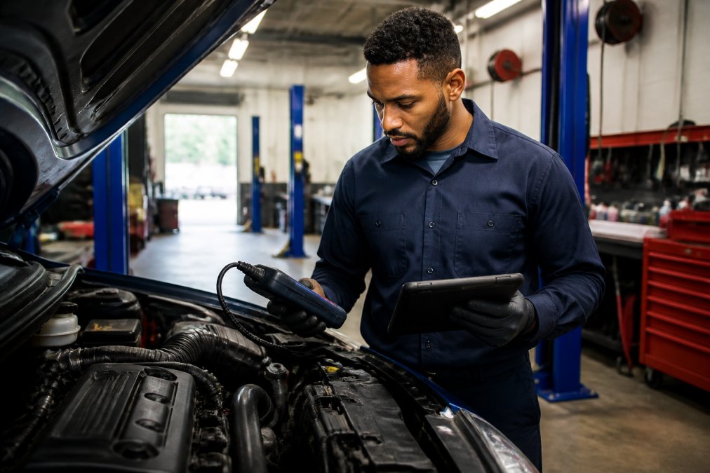ASE-certified technician performing comprehensive vehicle diagnostic inspection using digital scan tool while monitoring readings on tablet in well-lit professional repair bay with organized tool setup