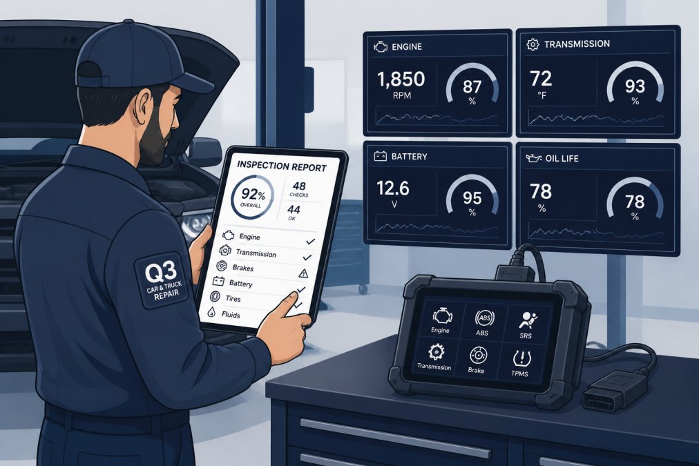 Professional technician reviewing comprehensive digital vehicle inspection report on tablet display while standing beside vehicle in service bay, with diagnostic scan tool visible on workbench with multiple monitors showing real-time vehicle system data