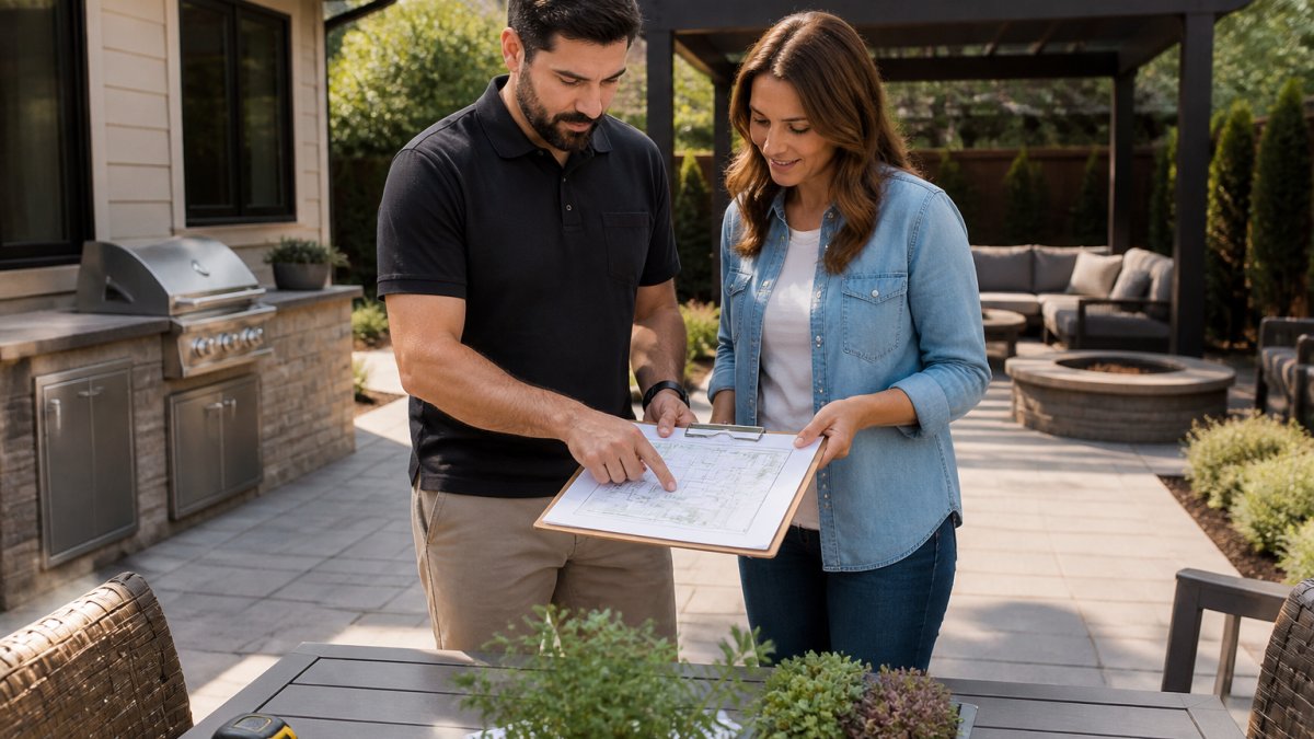 A landscape designer and a homeowner standing on a residential patio, reviewing a printed backyard plan on a clipboard, with a measuring tape and plant samples on a nearby table