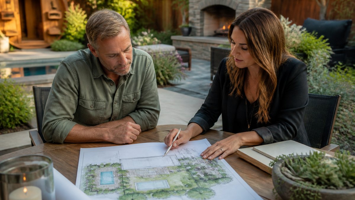 Infographic comparing professional landscape design services versus DIY planning methods for homeowners