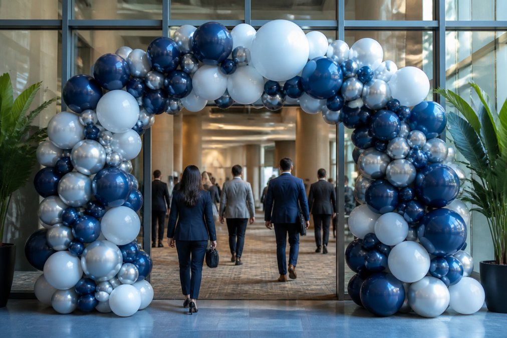 Large professionally installed balloon arch with custom brand colors framing the entrance to a corporate event venue, attendees walking through the installation, natural venue lighting highlighting the structural integrity and visual impact of the arrangement