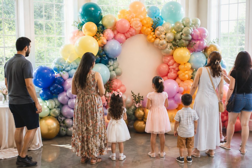 Vibrant multicolored balloon garland backdrop with organic clustering and flowing design installed in decorated venue with children and adults admiring the display, natural daylight streaming through windows