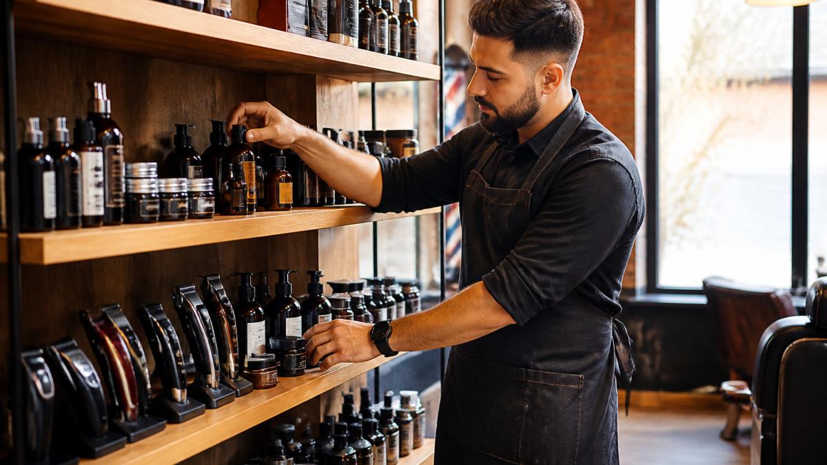 Barber in a black apron organizing grooming bottles and clippers on a wooden retail display shelf