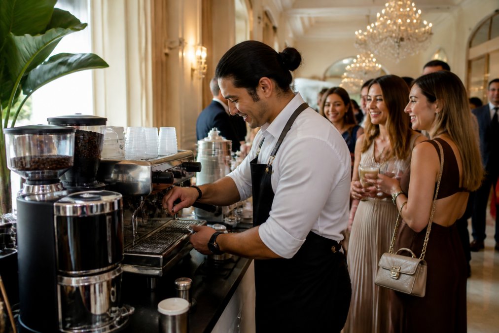 Professional barista serving specialty coffee at a mobile bar during professional barista events.