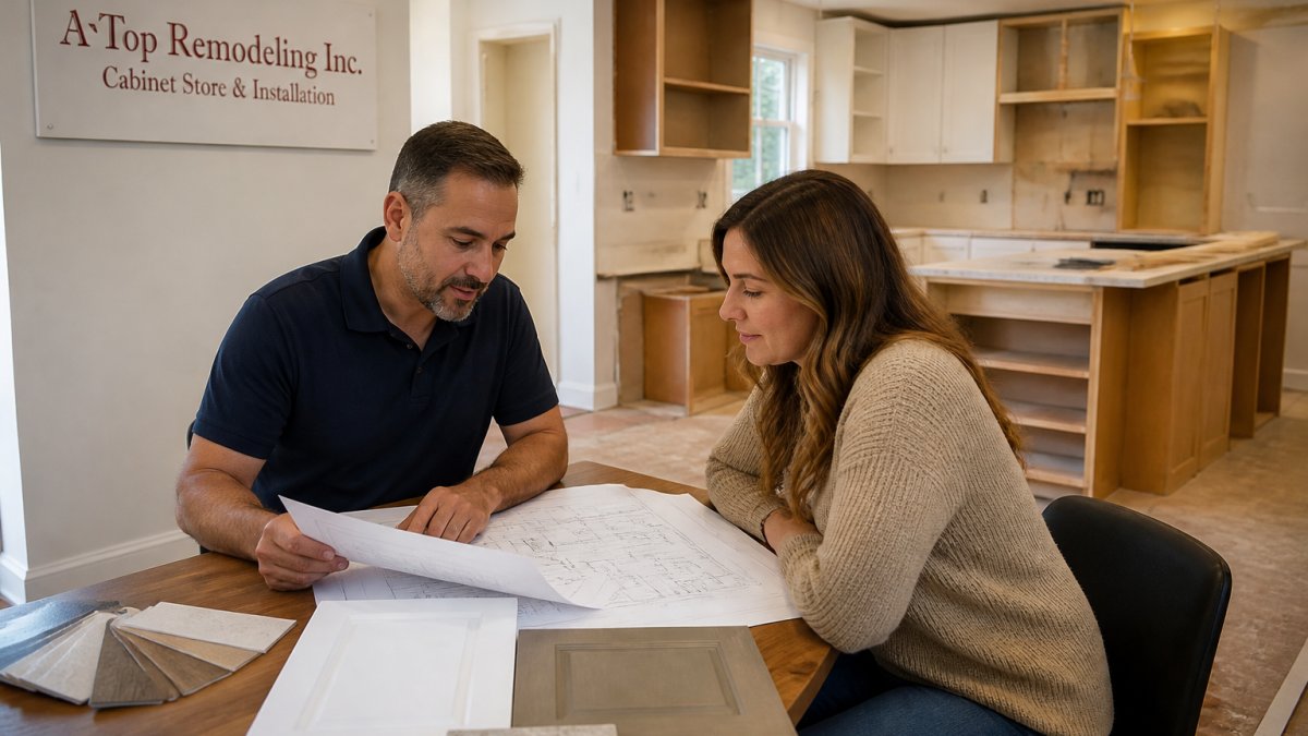 A remodeling contractor and homeowner reviewing blueprints and material samples at a kitchen table, with a partially renovated kitchen visible in the background