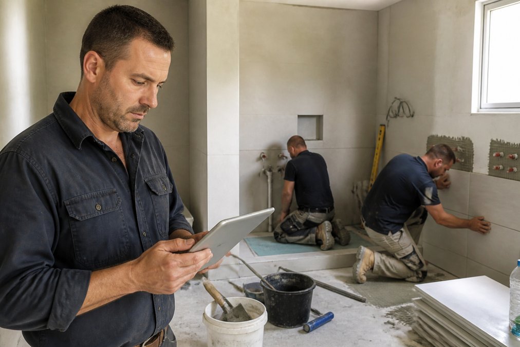 Builder reviewing bathroom design and installation plans with tradespeople working in a renovated space.