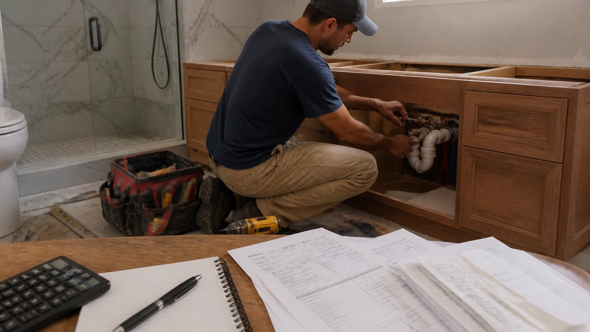 Professional contractor installing custom vanity with new plumbing connections in bathroom under renovation, with tools and materials visible