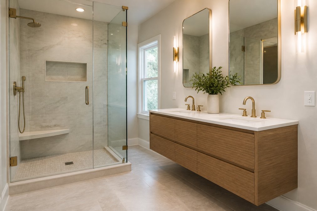 A recently completed modern bathroom renovation showing a walk-in glass shower, floating vanity, and large-format porcelain tile in soft natural light