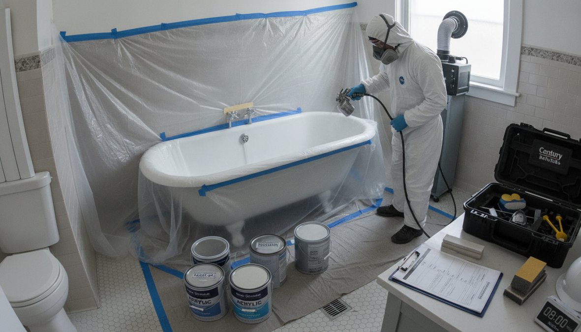 Professional technician in white protective suit and respirator applying EP-ACRYLIC coating to a bathtub using precision spray equipment in a well-ventilated bathroom with plastic sheeting protecting surrounding areas