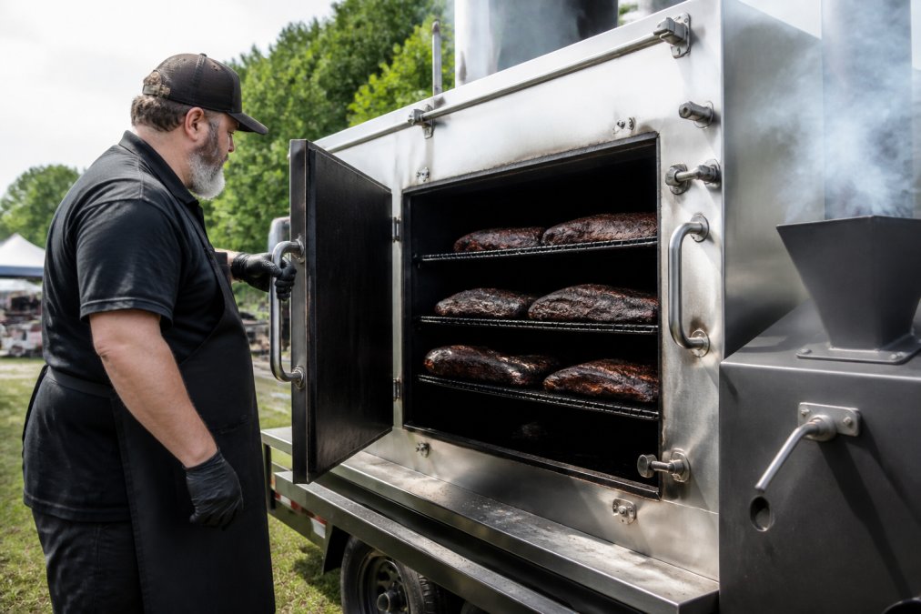A professional pitmaster in a black apron opening the cooking chamber door of a large stainless-steel catering trailer smoker, with racks of brisket visible inside and white smoke rising from the firebox in an outdoor event setting
