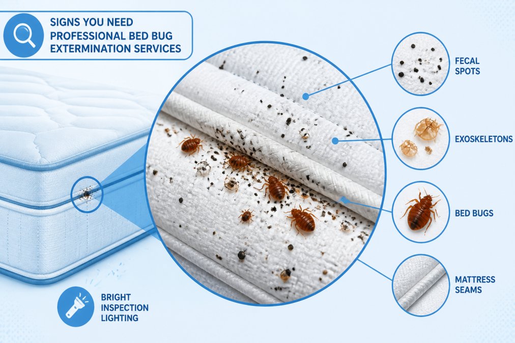 Close-up of mattress seams showing bed bug fecal spots, exoskeletons, and small insects on white fabric under bright inspection lighting
