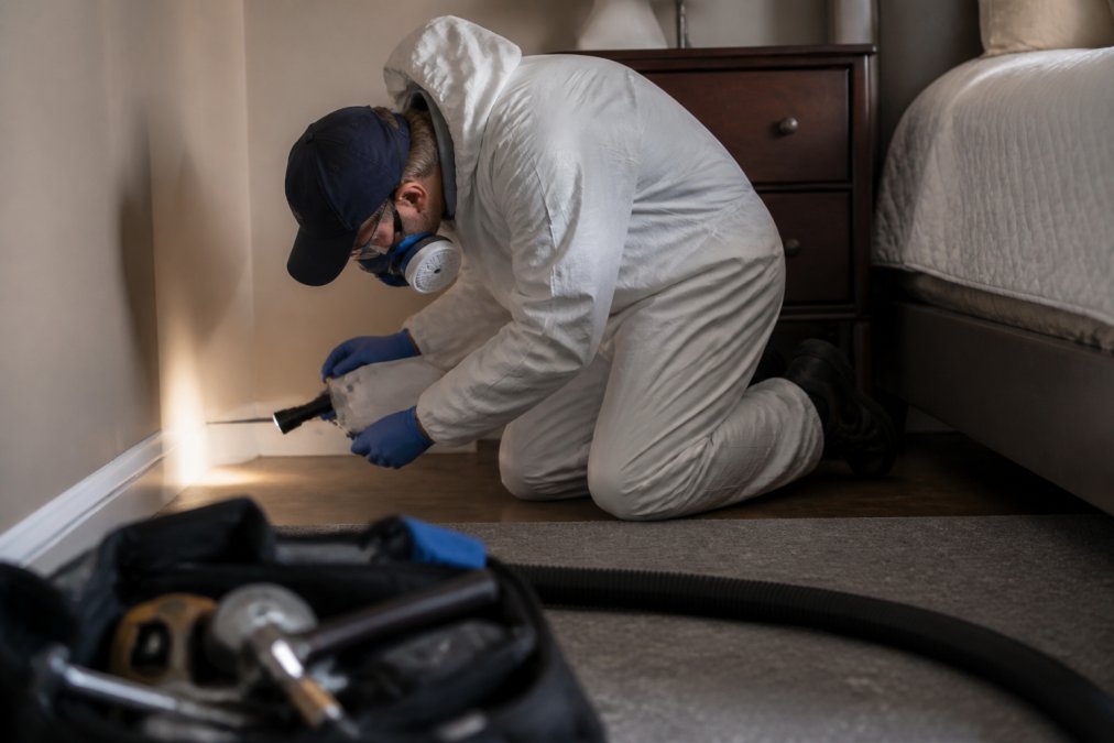 Professional pest control technician in protective gear using flashlight and inspection tools to examine bedroom baseboards and furniture