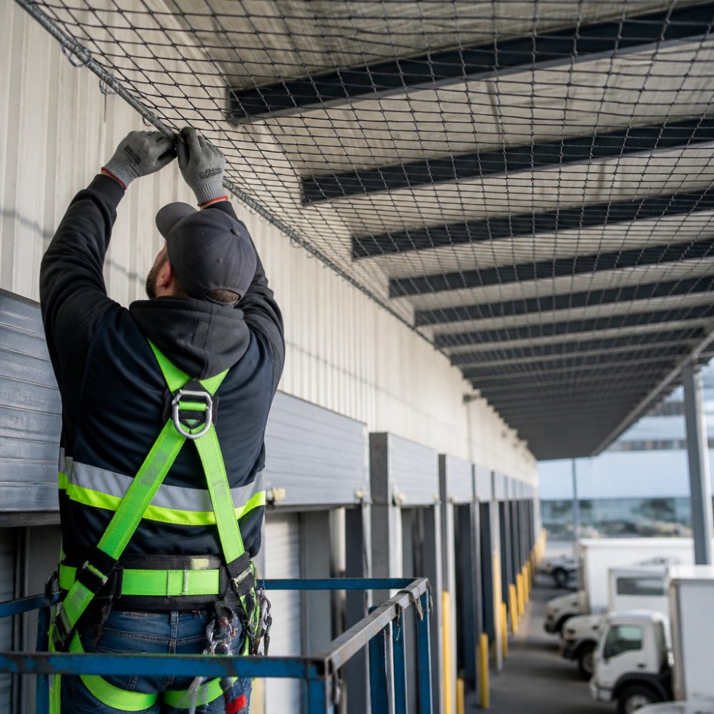 Professional installer securing bird netting across warehouse rafters and loading bay area, showing proper mesh installation and anchoring points with stainless steel cables and clips