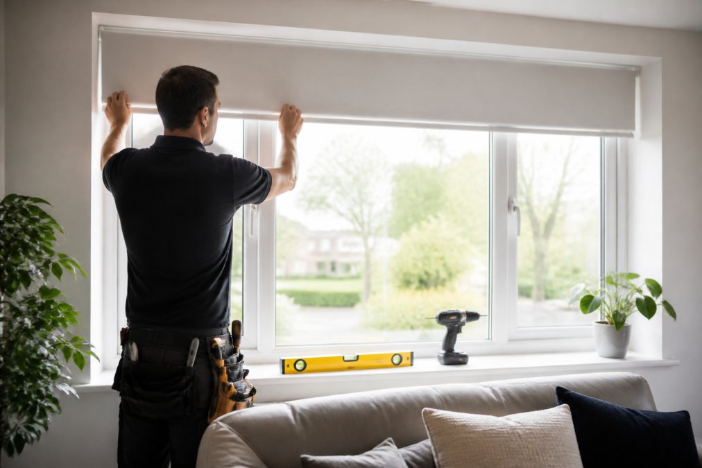 A professional fitter in a bright modern living room installing a made-to-measure roller blind on a uPVC window, with a spirit level and tools nearby