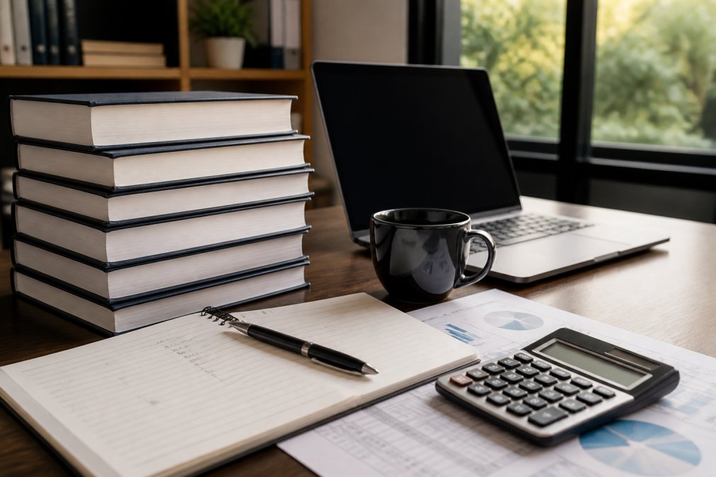 A stack of newly printed hardcover books on a polished desk in a professional office, laptop and coffee cup nearby, warm natural light through a window