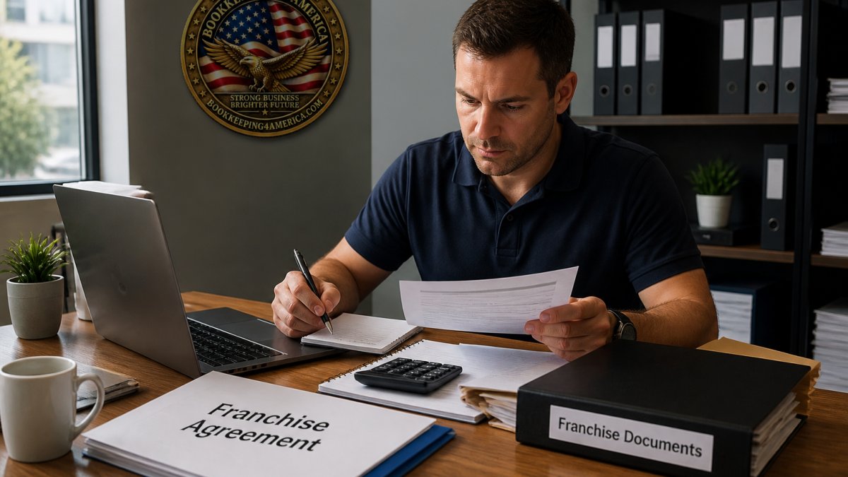 Franchise owner at desk reviewing franchise agreement documents and setting up accounting software on laptop, with organized files, charts, and coffee nearby