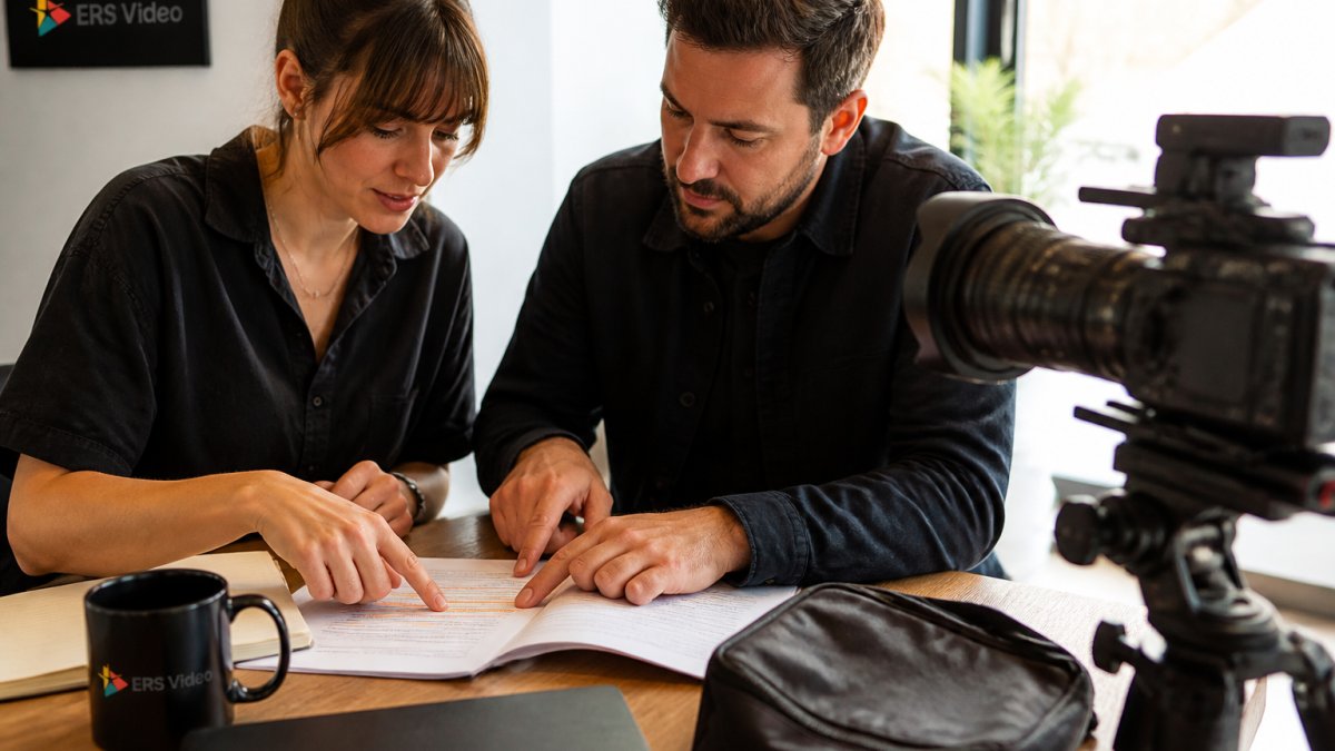 A marketing manager and a videographer reviewing a printed script on a table in a bright office, pointing at a marked-up section while a camera sits on a tripod nearby