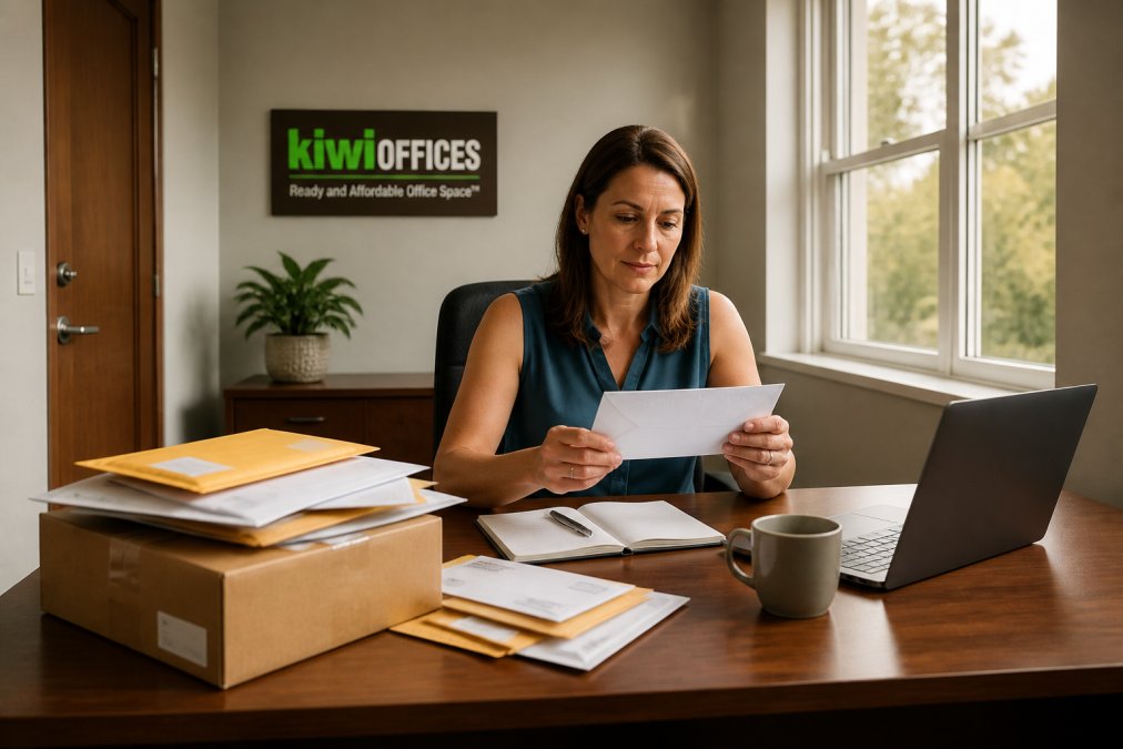 Small business owner reviewing mail in a private office while using a professional business address service