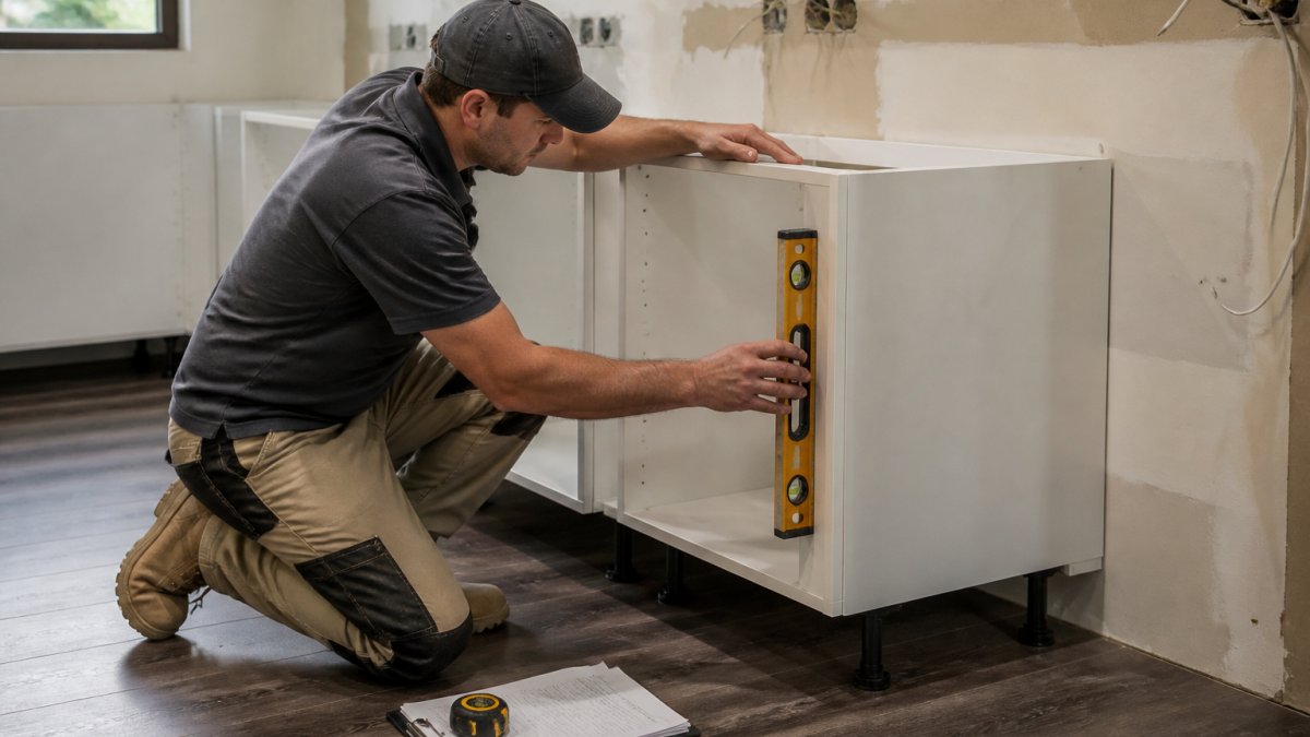 A cabinet installer in work clothes checking a spirit level against a base cabinet carcass in a partially renovated kitchen, with a clipboard and tape measure on the floor nearby