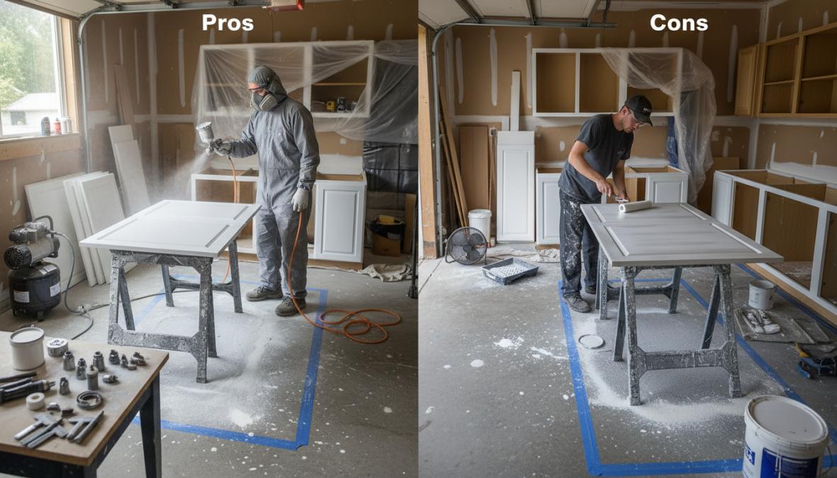 Professional painter wearing a respirator mask in a well-lit spray booth, using an HVLP spray gun to apply a smooth white finish to cabinet doors laid flat on a work surface, with clean drop cloths beneath