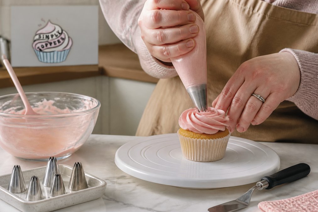 Baker piping a buttercream rosette onto a cupcake for cake decorating practice in a home kitchen.