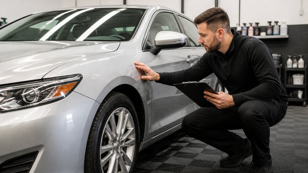 Detailing specialist inspecting silver sedan paintwork to determine car detailing price in a clean workshop